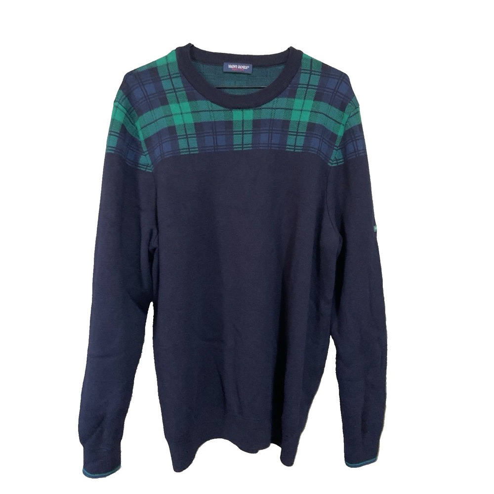 Saint James Sweater‎ New Wool Navy Green Plaid Elbow Patches Men's  Size 48 - Picture 2 of 16